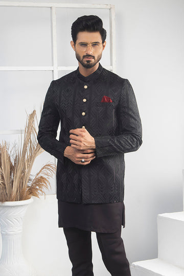 Black Color Block Embroidered Prince Coat For Men
